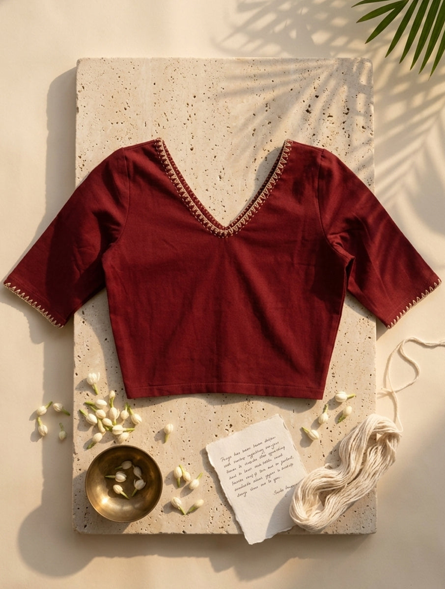 Beaded Vine Edge Stitch Maroon Hand Embroidered Stretchable Blouse/Crop Top