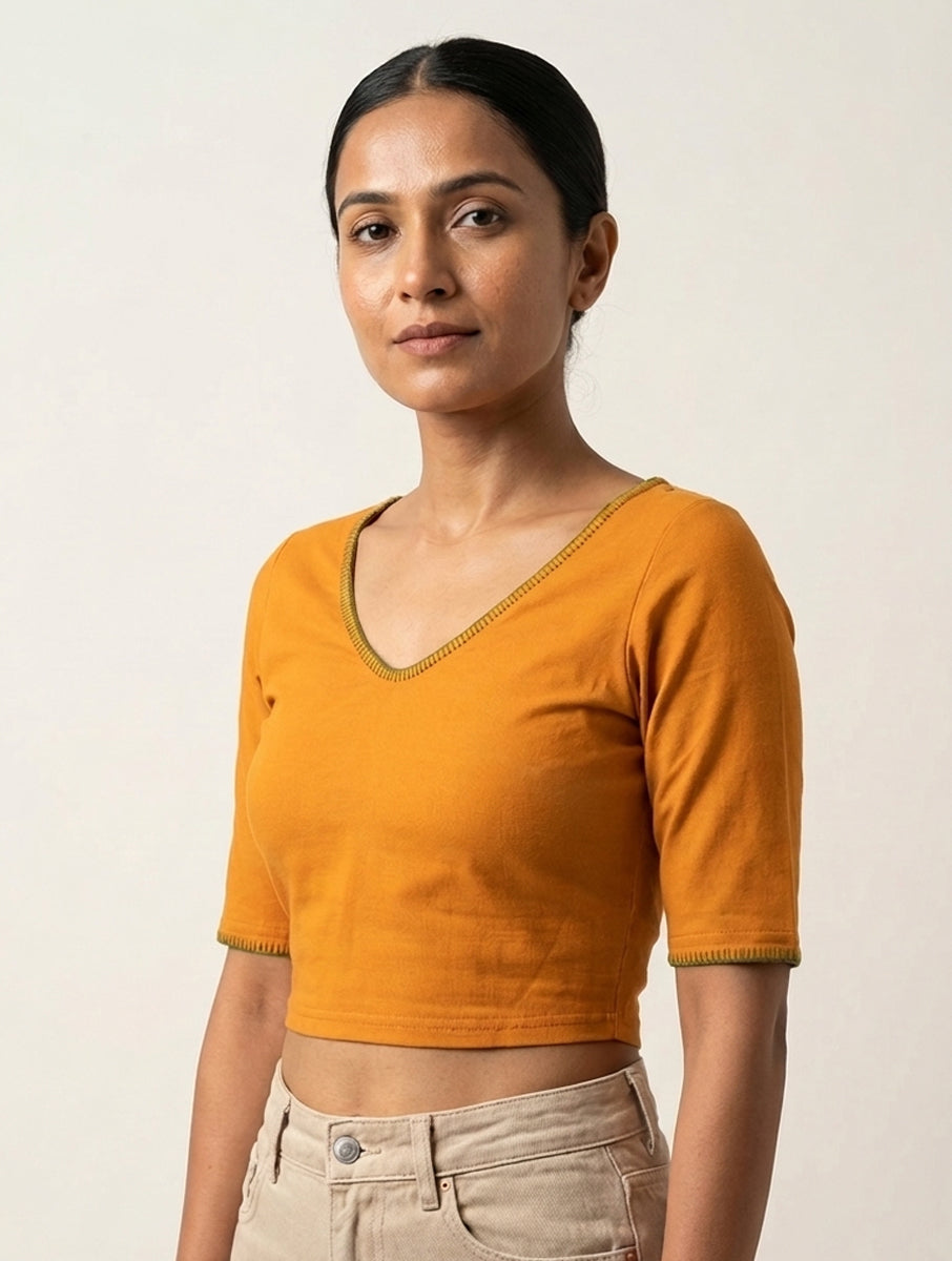 Mustard Hand Embroidered Stretchable Blouse/Crop Top