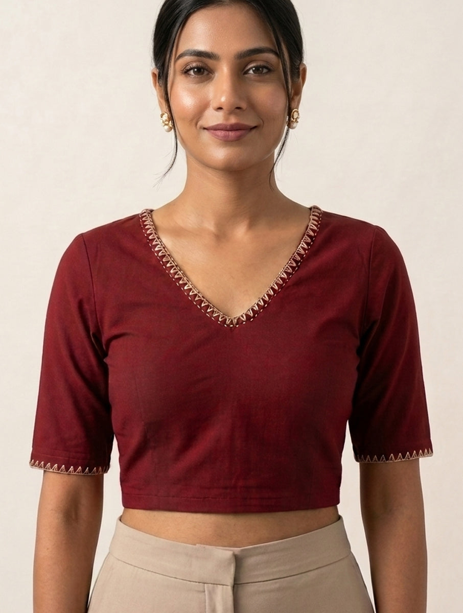 Beaded Vine Edge Stitch Maroon Hand Embroidered Stretchable Blouse/Crop Top