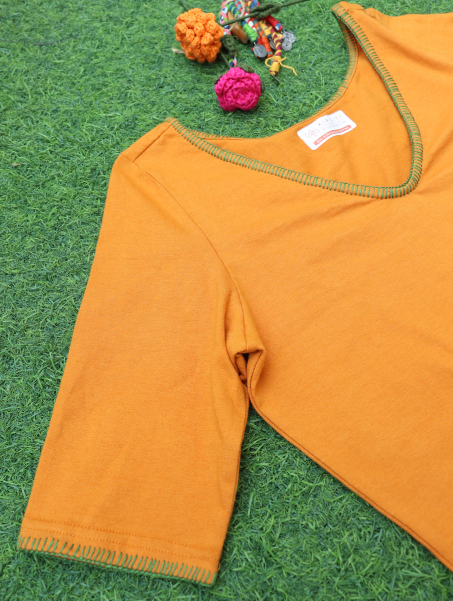 Mustard Hand Embroidered Stretchable Blouse/Crop Top