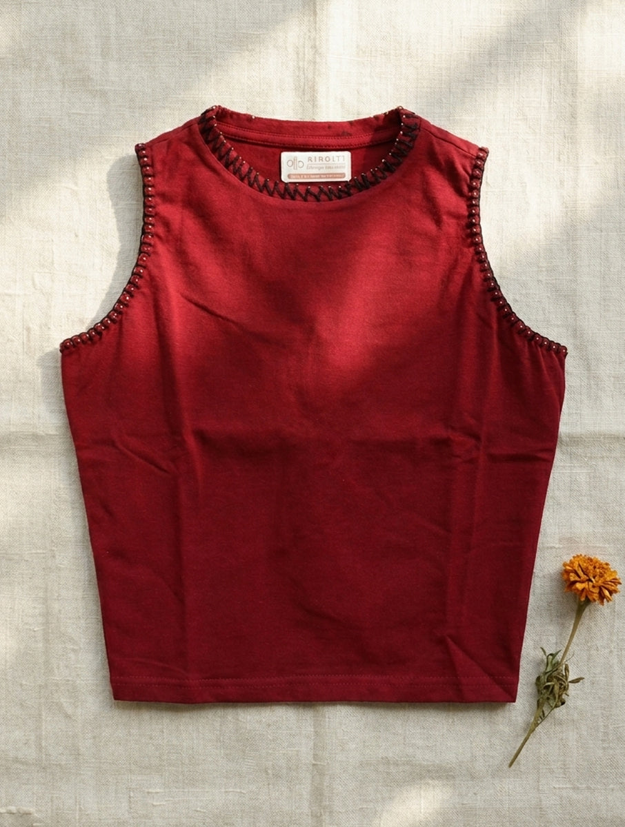 Beaded Vine Edge Stitch Maroon Hand Embroidered High Neck Stretchable Blouse/Crop Top
