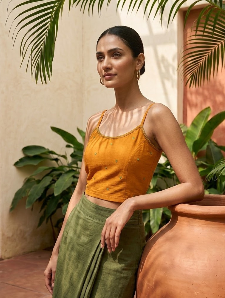 Mustard Hand Embroidered Stretchable Spaghetti Blouse/Crop Top