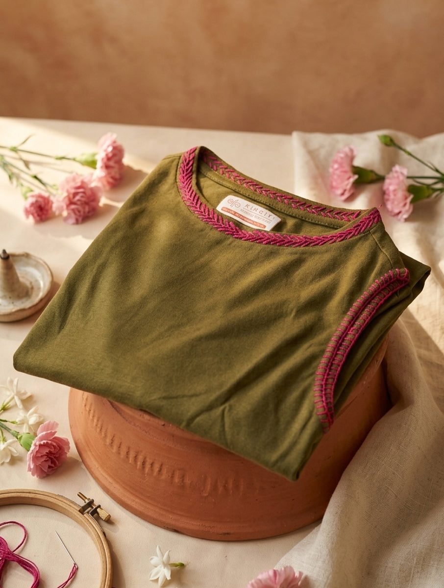 Lazy Daisy and Blanket Stitch Mehndi Green Hand Embroidered High Neck Stretchable Blouse/Crop Top