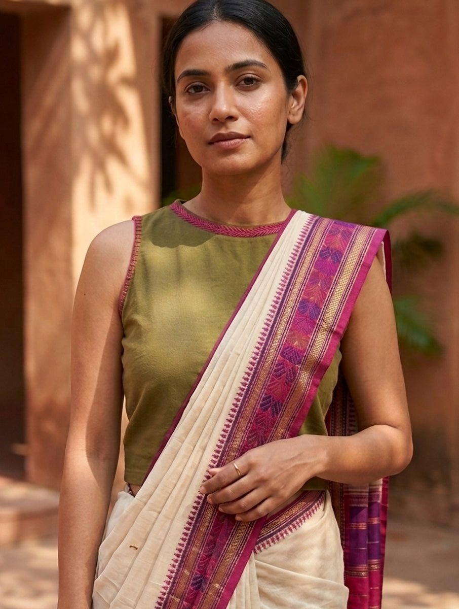 Lazy Daisy and Blanket Stitch Mehendi Green Hand Embroidered High Neck Stretchable Blouse/Crop Top