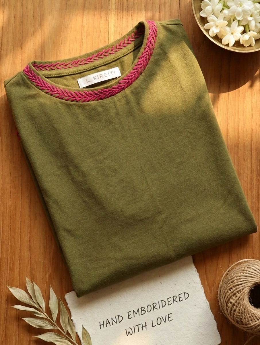 Lazy Daisy and Blanket Stitch Mehndi Green Hand Embroidered High Neck Stretchable Blouse/Crop Top