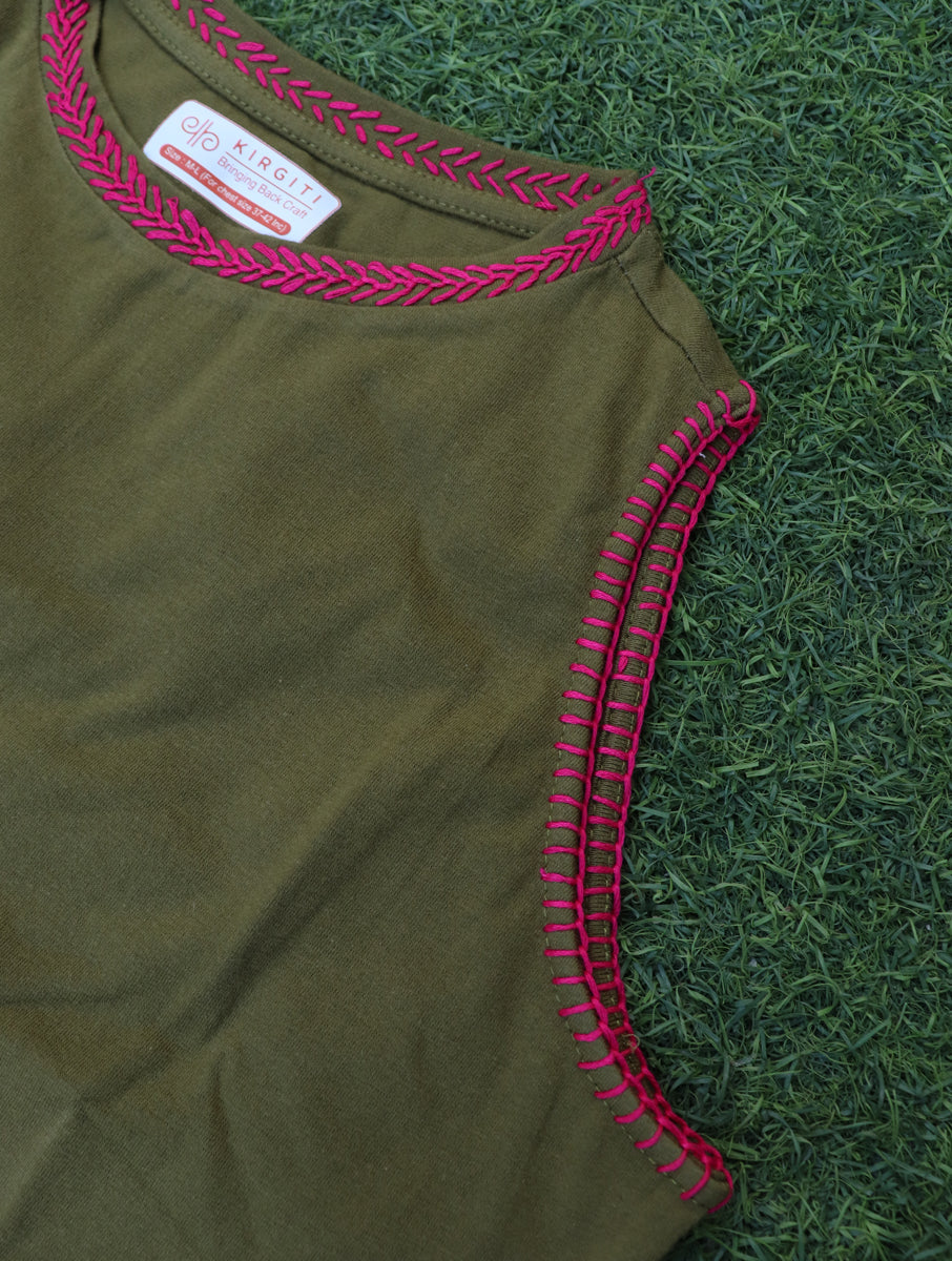Lazy Daisy and Blanket Stitch Mehndi Green Hand Embroidered High Neck Stretchable Blouse/Crop Top