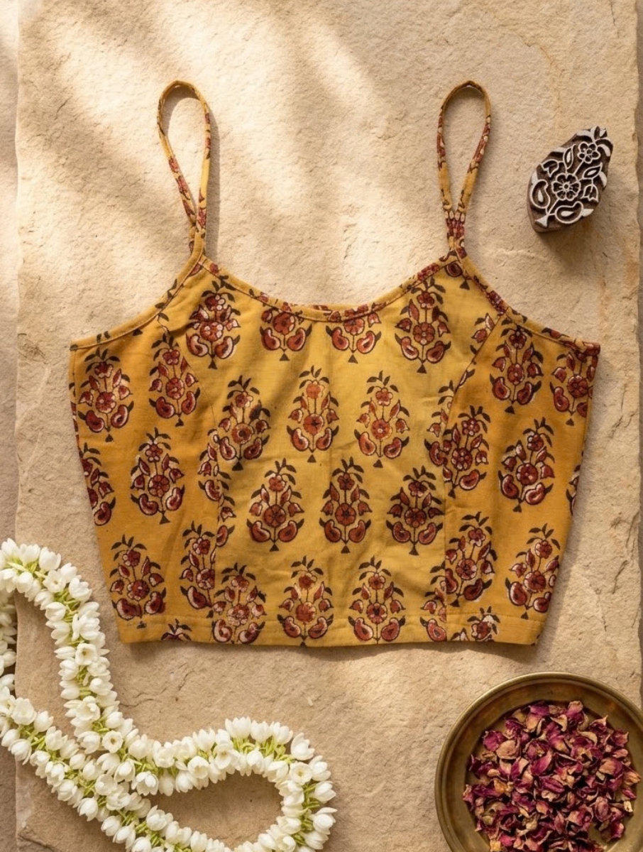 Mustard Guldasta Dabu Printed Stretchable Spaghetti Blouse/Crop Top