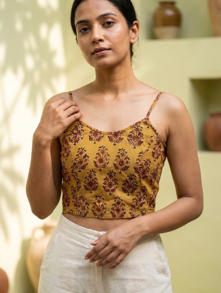 Mustard Guldasta Dabu Printed Stretchable Spaghetti Blouse/Crop Top