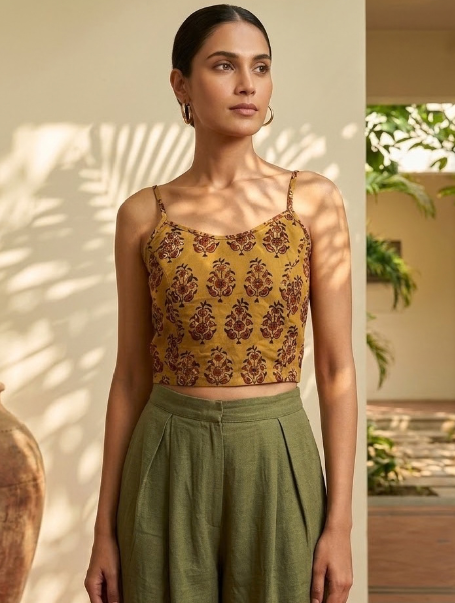 Mustard Guldasta Dabu Printed Stretchable Spaghetti Blouse/Crop Top