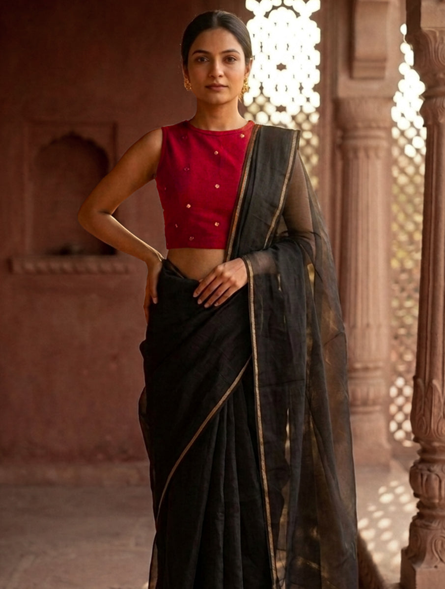 Maroon Mirror Hand Embroidered Stretchable Highneck Blouse/Crop Top