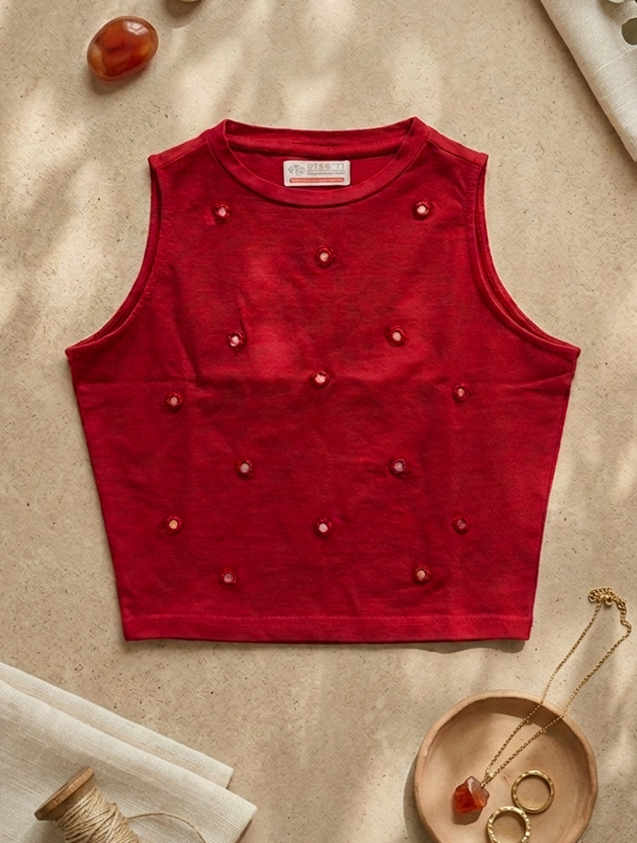 Maroon Mirror Hand Embroidered Stretchable Highneck Blouse/Crop Top