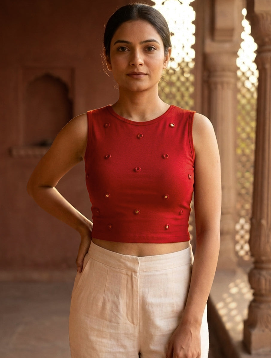 Maroon Mirror Hand Embroidered Stretchable Highneck Blouse/Crop Top