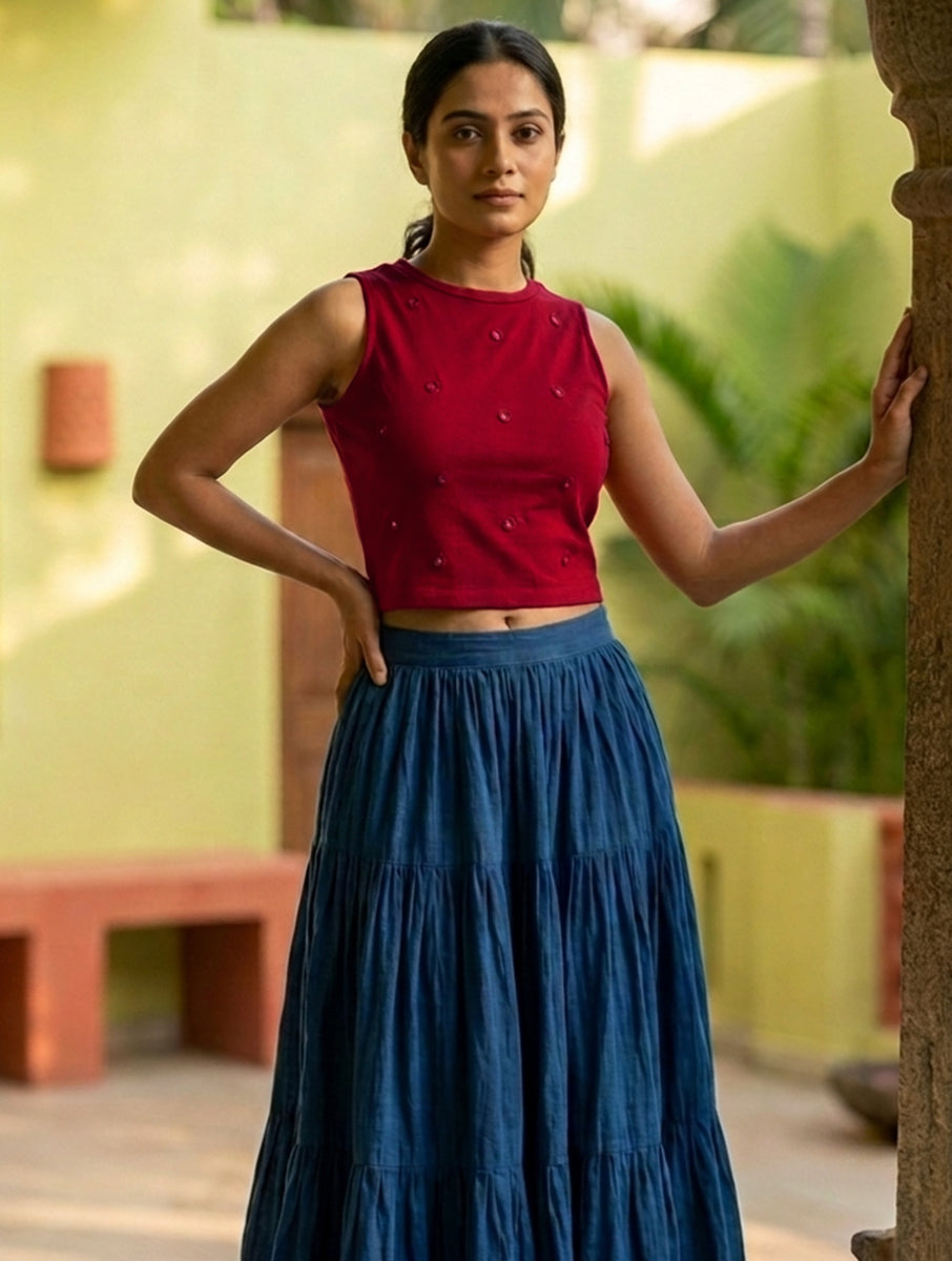 Maroon Mirror Hand Embroidered Stretchable Highneck Blouse/Crop Top
