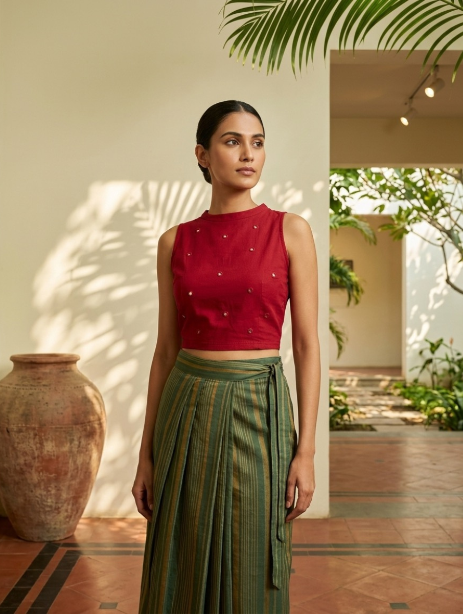 Maroon Mirror Hand Embroidered Stretchable Highneck Blouse/Crop Top