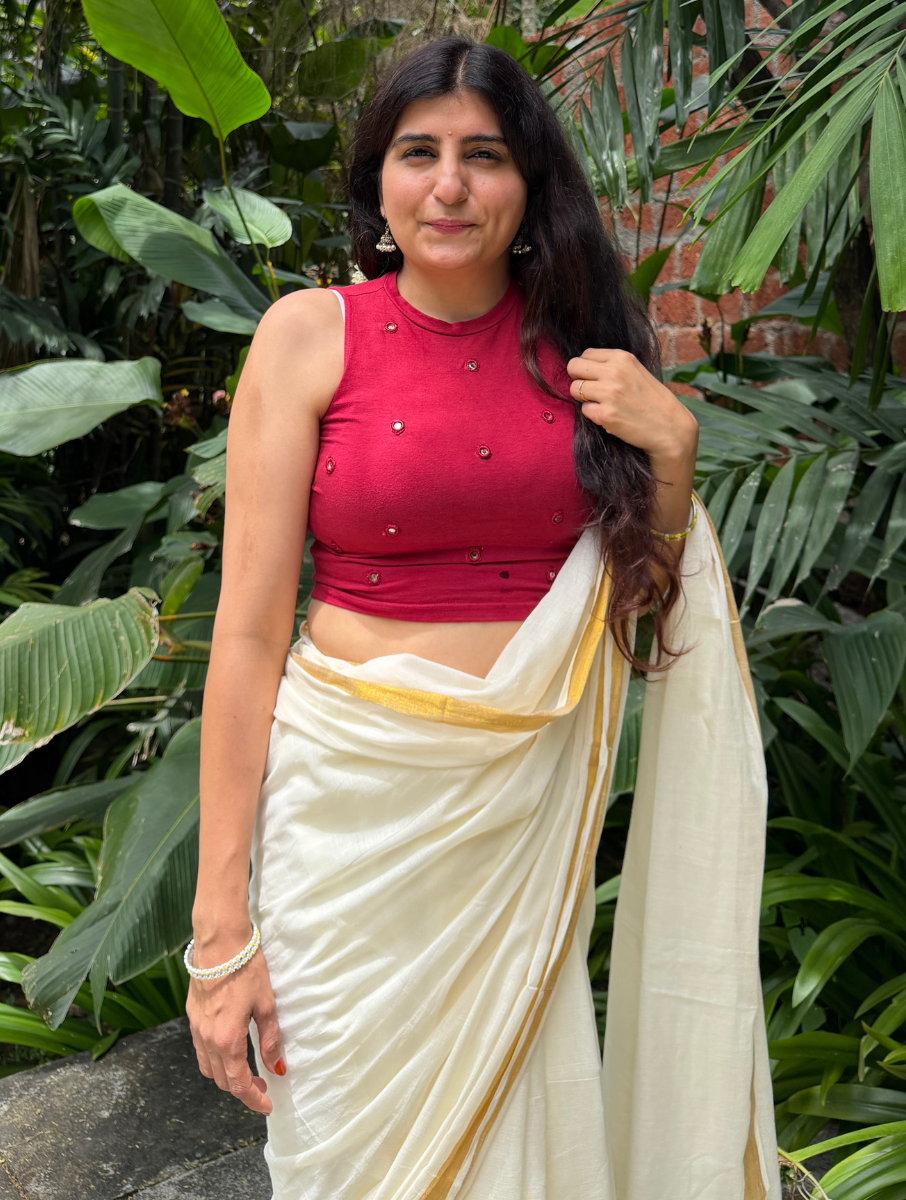Maroon Mirror Hand Embroidered Stretchable Highneck Blouse/Crop Top