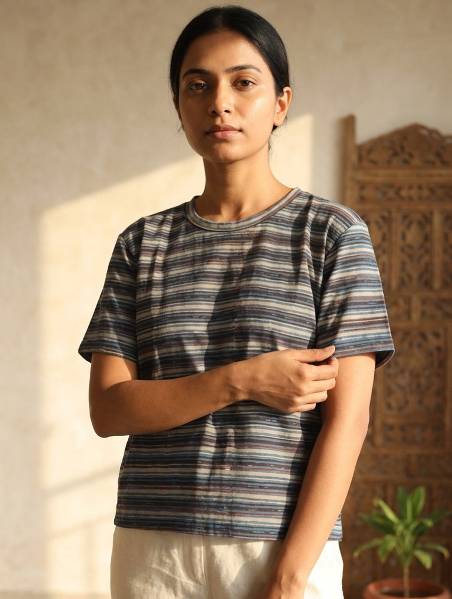 Multi Striped Dabu Printed Crop Top T-Shirt