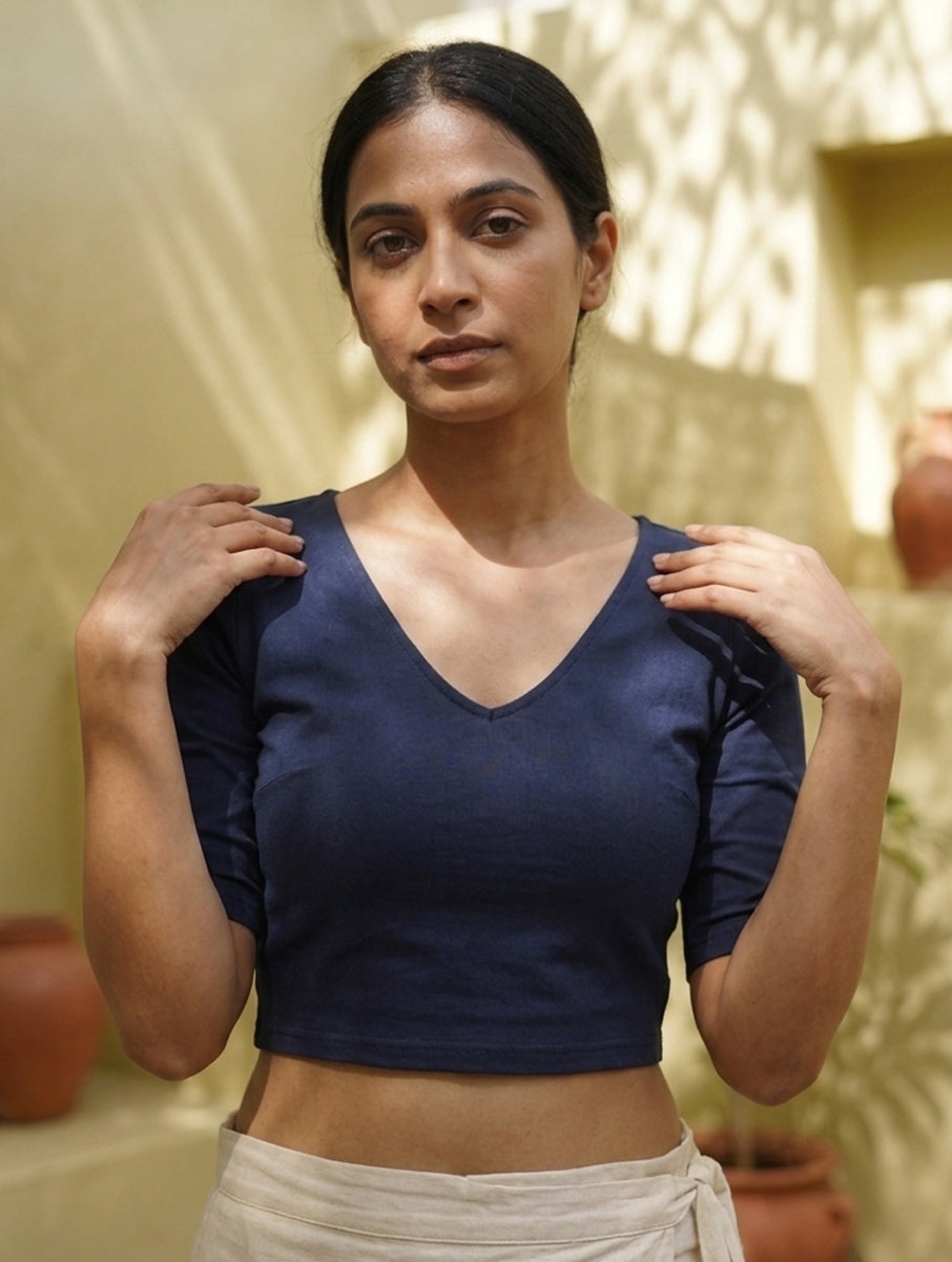 Navy Blue Solid Stretchable Blouse/Crop Top