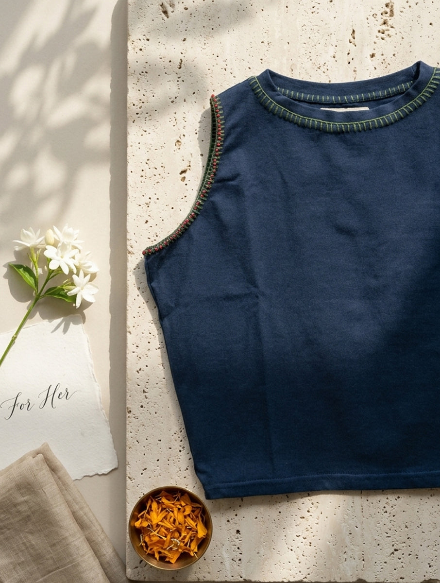 Blanket Stitch and Bead Work Navy Blue Hand Embroidered High Neck Stretchable Blouse/Crop Top