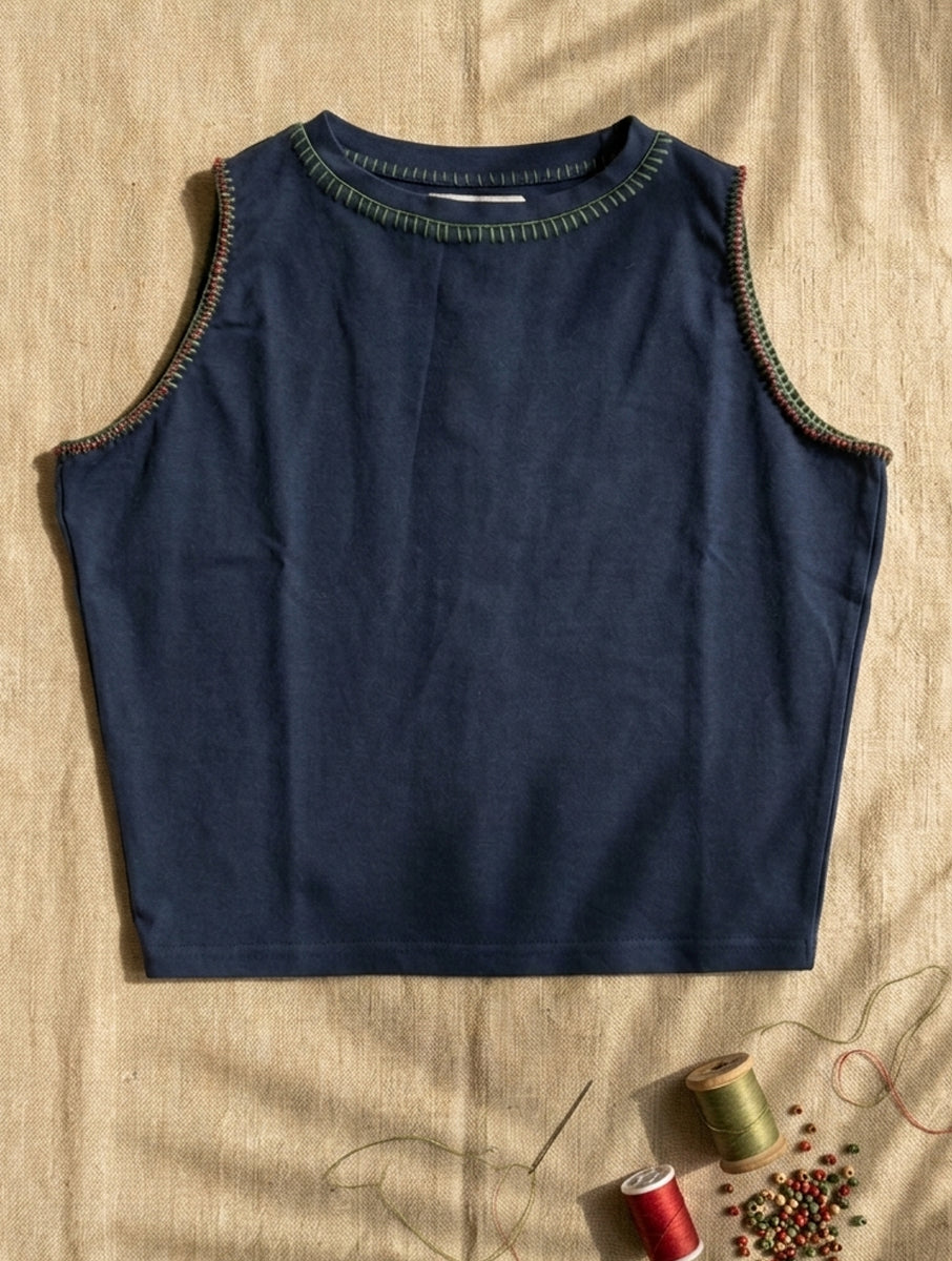 Blanket Stitch and Bead Work Navy Blue Hand Embroidered High Neck Stretchable Blouse/Crop Top