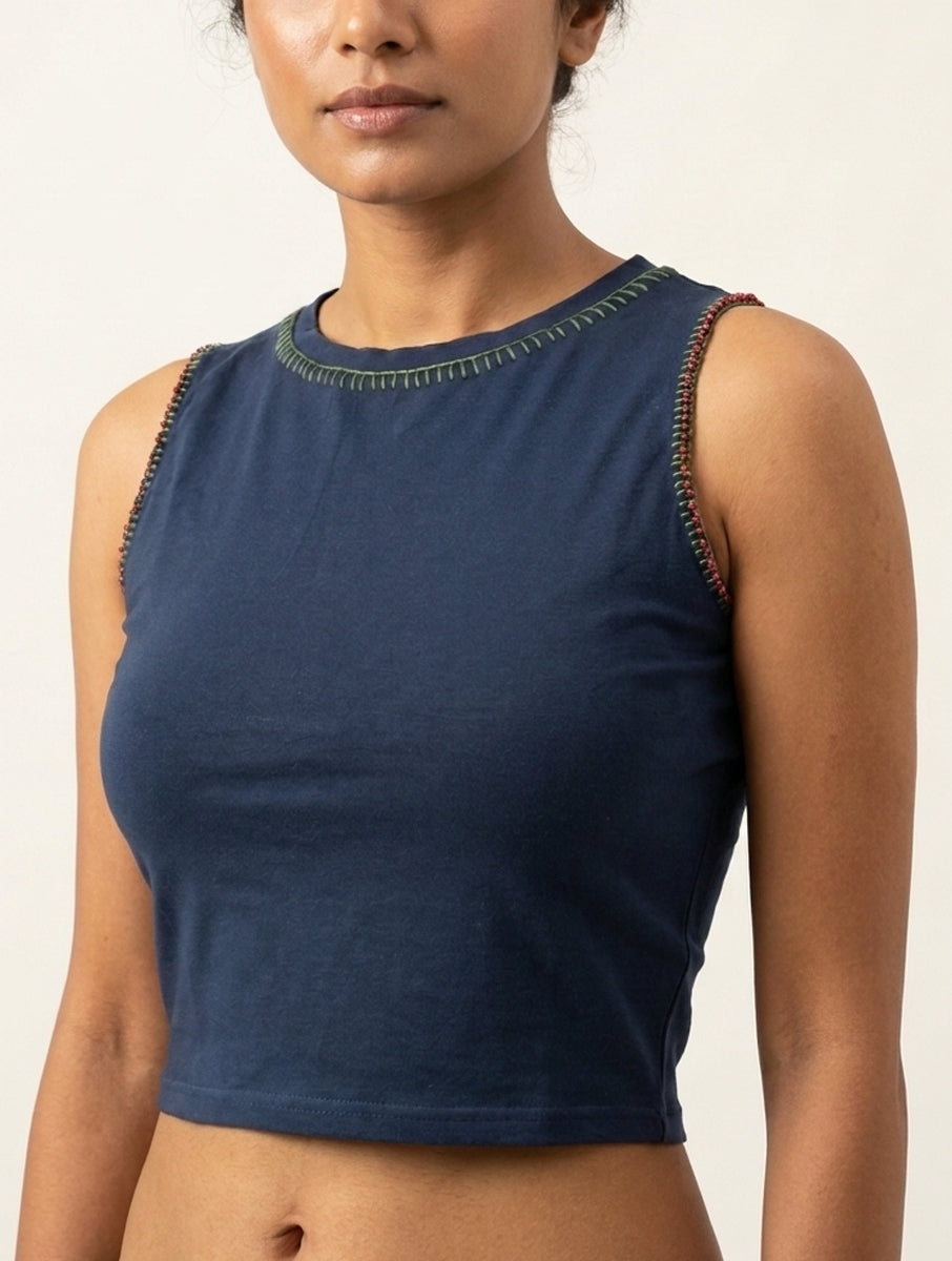 Blanket Stitch and Bead Work Navy Blue Hand Embroidered High Neck Stretchable Blouse/Crop Top
