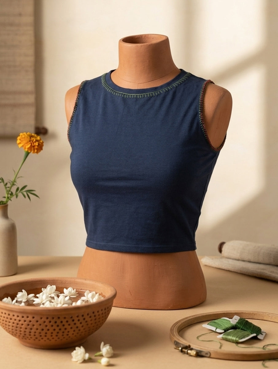 Blanket Stitch and Bead Work Navy Blue Hand Embroidered High Neck Stretchable Blouse/Crop Top