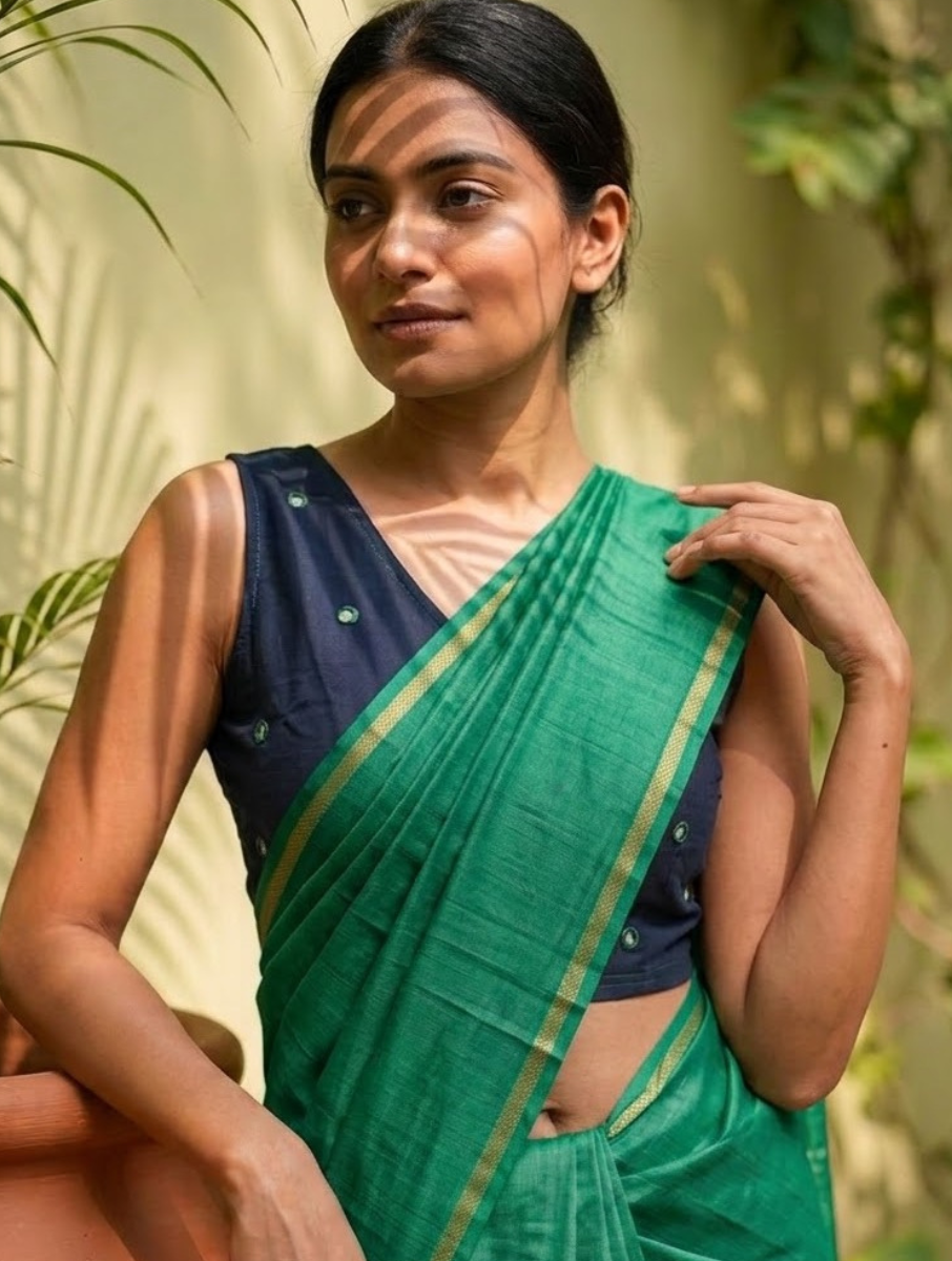 Navy Blue & Green Mirror Hand Embroidered Stretchable Sleeveless Blouse/Crop Top