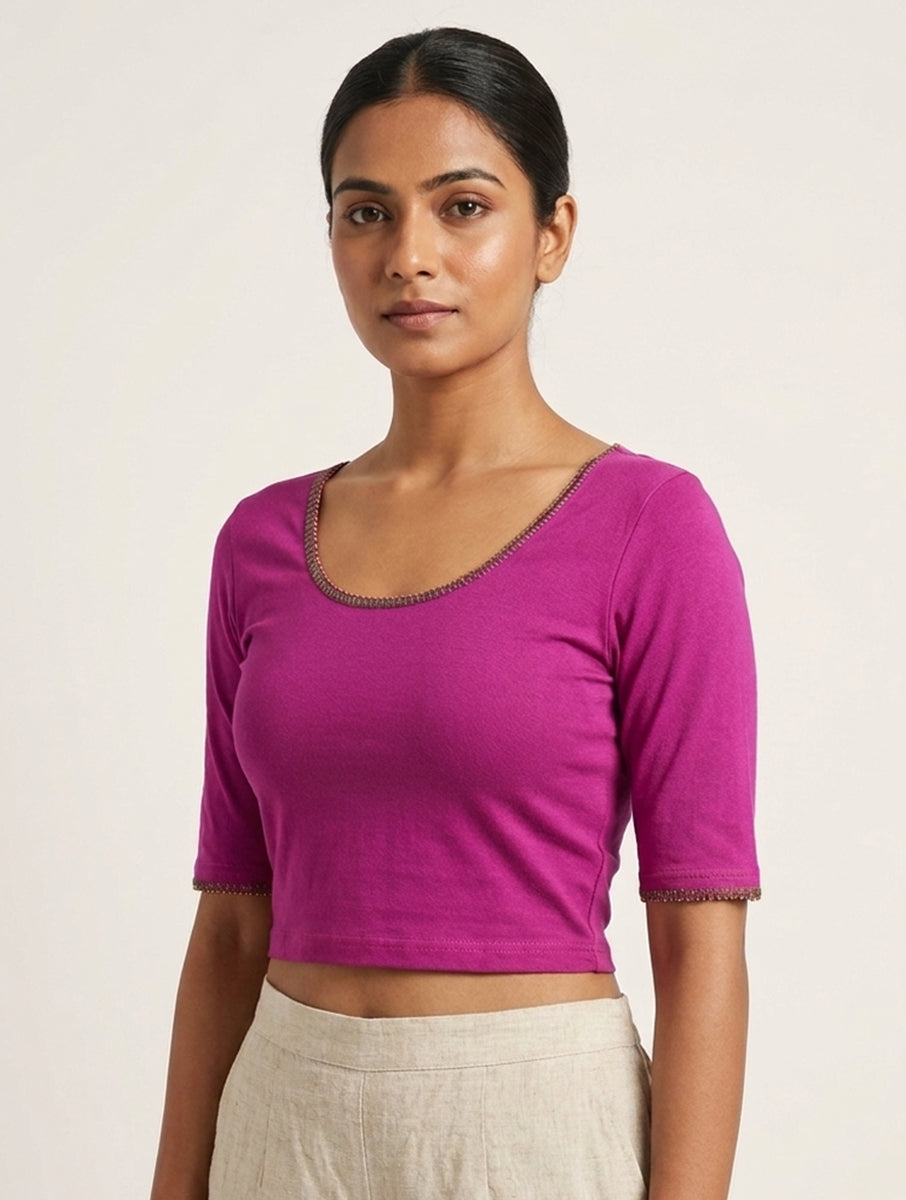 Purple Beaded Vine Edge Stitch Hand Embroidered Stretchable Blouse/Crop Top