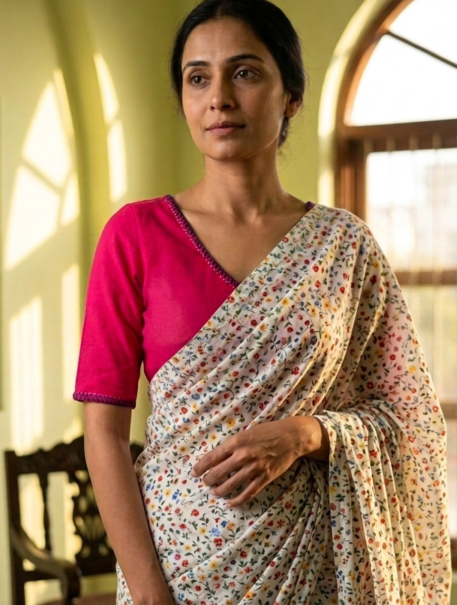 Beaded Vine Edge Stitch Pink Hand Embroidered Stretchable Blouse/Crop Top