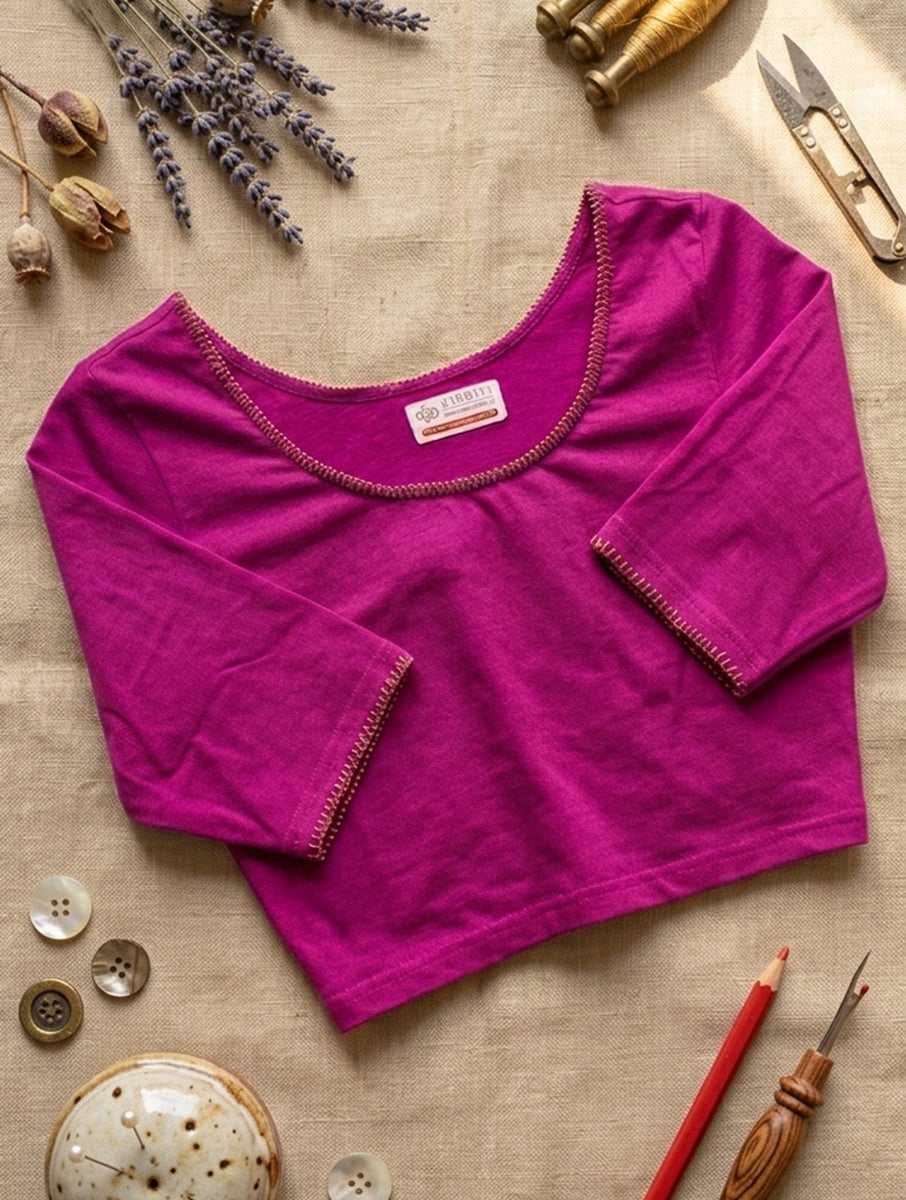 Purple Beaded Vine Edge Stitch Hand Embroidered Stretchable Blouse/Crop Top