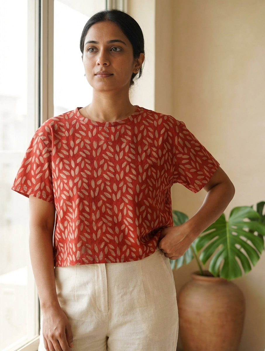 Rust Patra Dabu Printed Crop Top T-Shirt