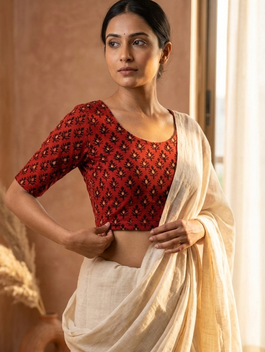 Brick Red Boota Dabu Printed Stretchable Blouse/Crop Top