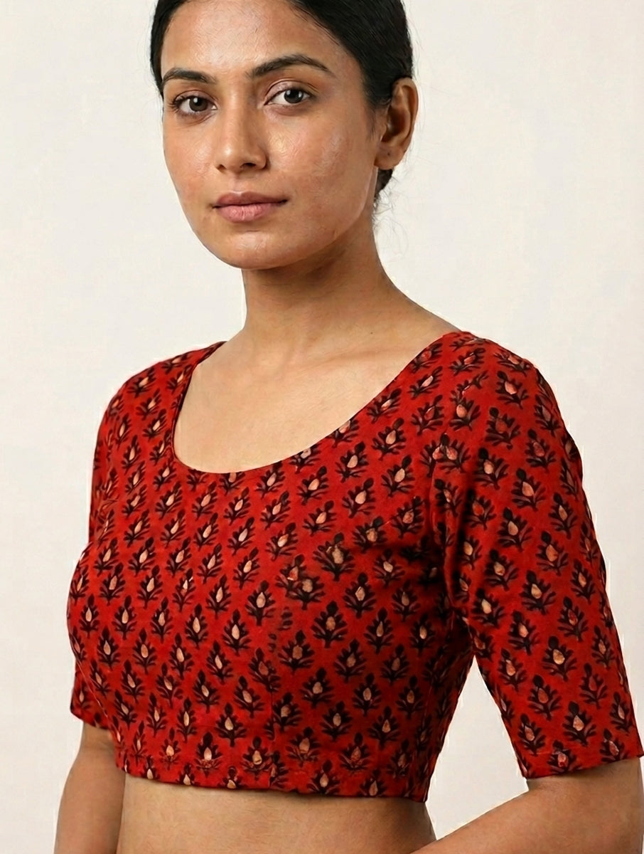 Brick Red Boota Dabu Printed Stretchable Blouse/Crop Top