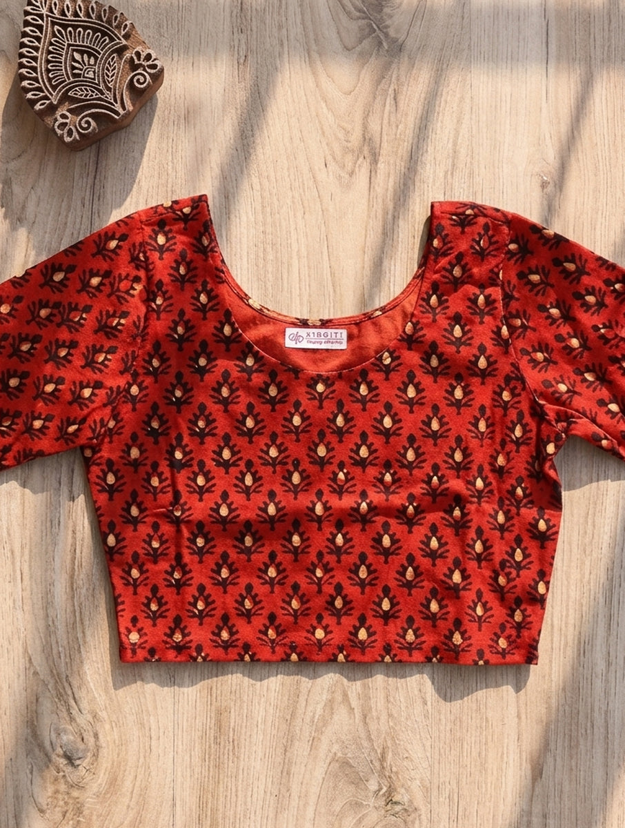 Brick Red Boota Dabu Printed Stretchable Blouse/Crop Top