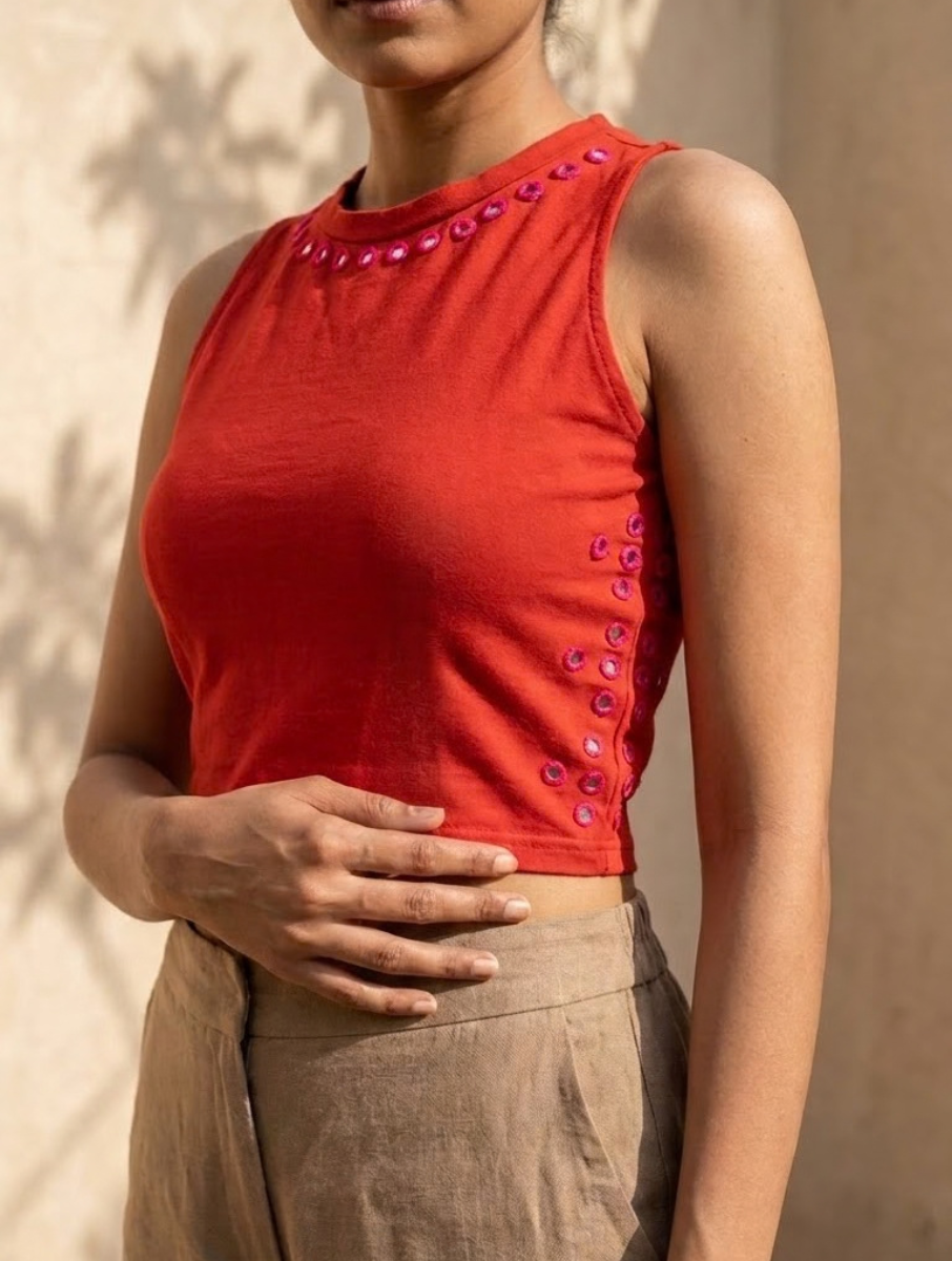Rustic Red & Pink Jewel Mirror Hand Embroidered Stretchable Highneck Blouse/Crop Top