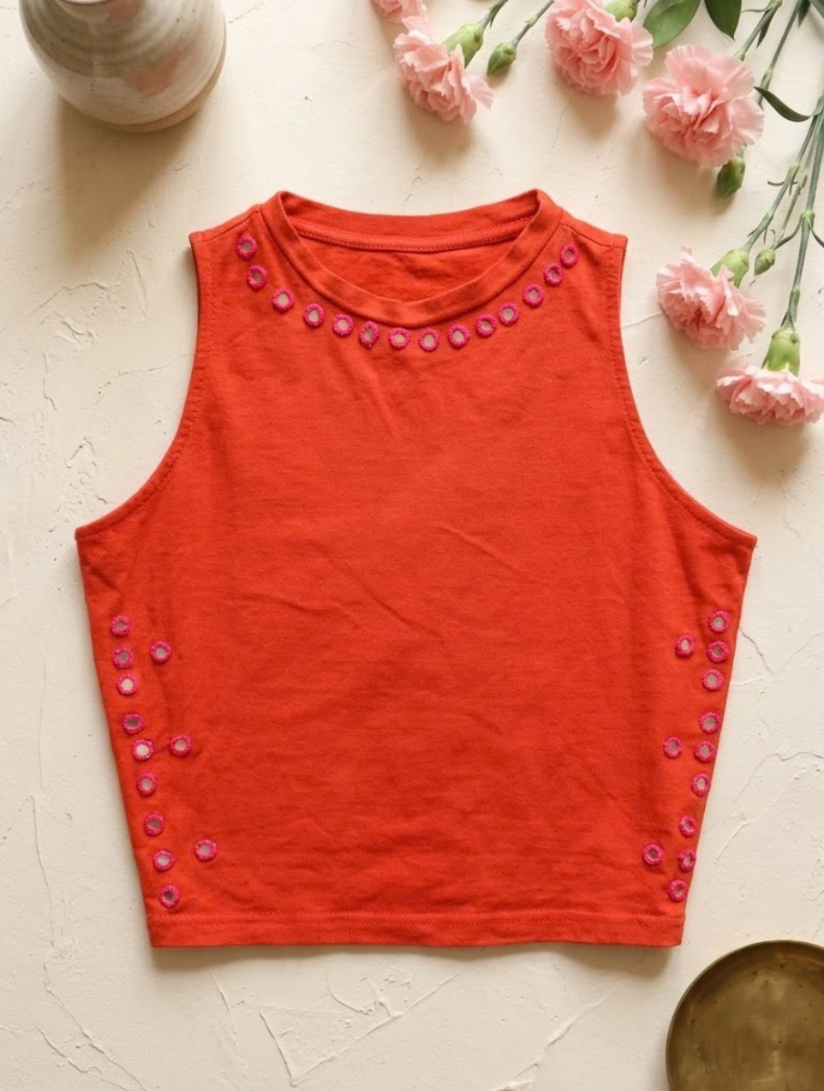 Rustic Red & Pink Jewel Mirror Hand Embroidered Stretchable Highneck Blouse/Crop Top