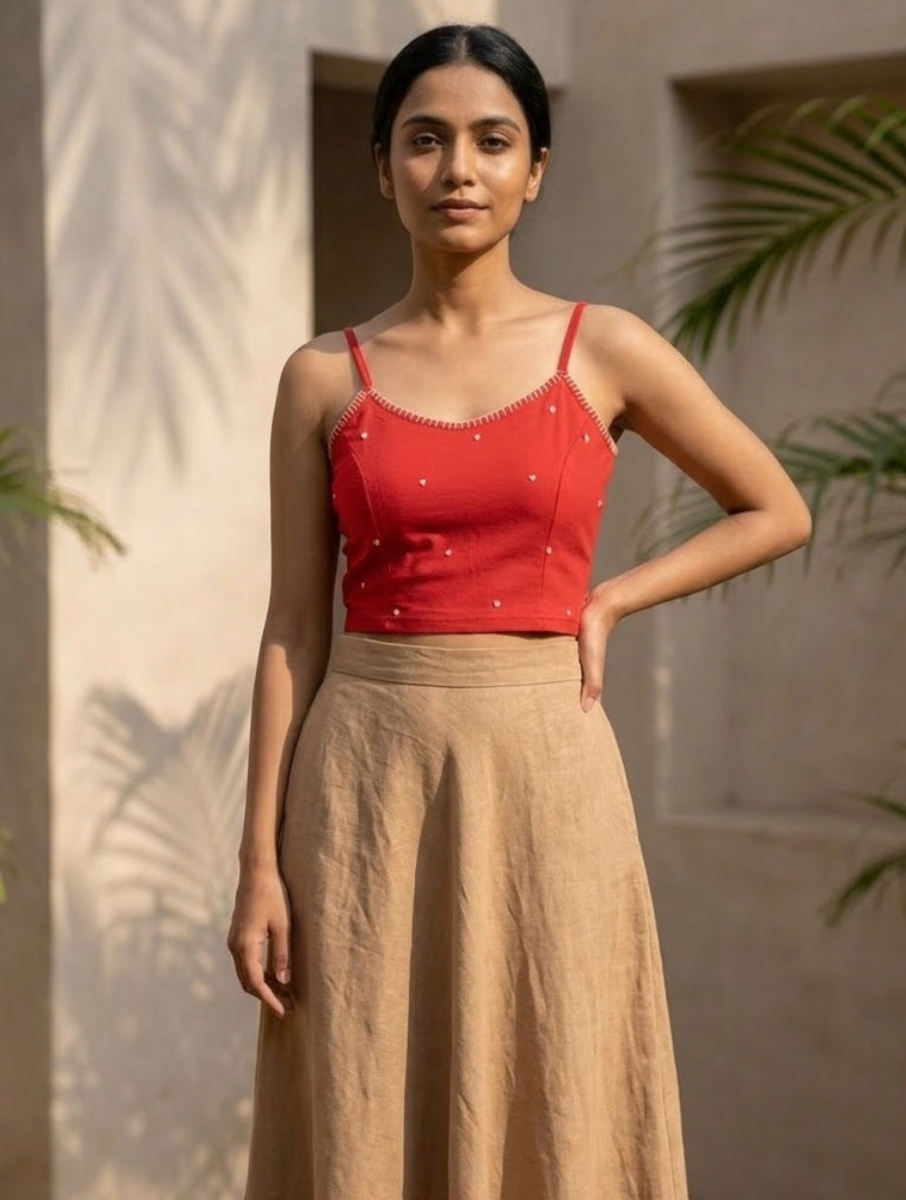 Red Hand Embroidered Stretchable Spaghetti Blouse/Crop Top