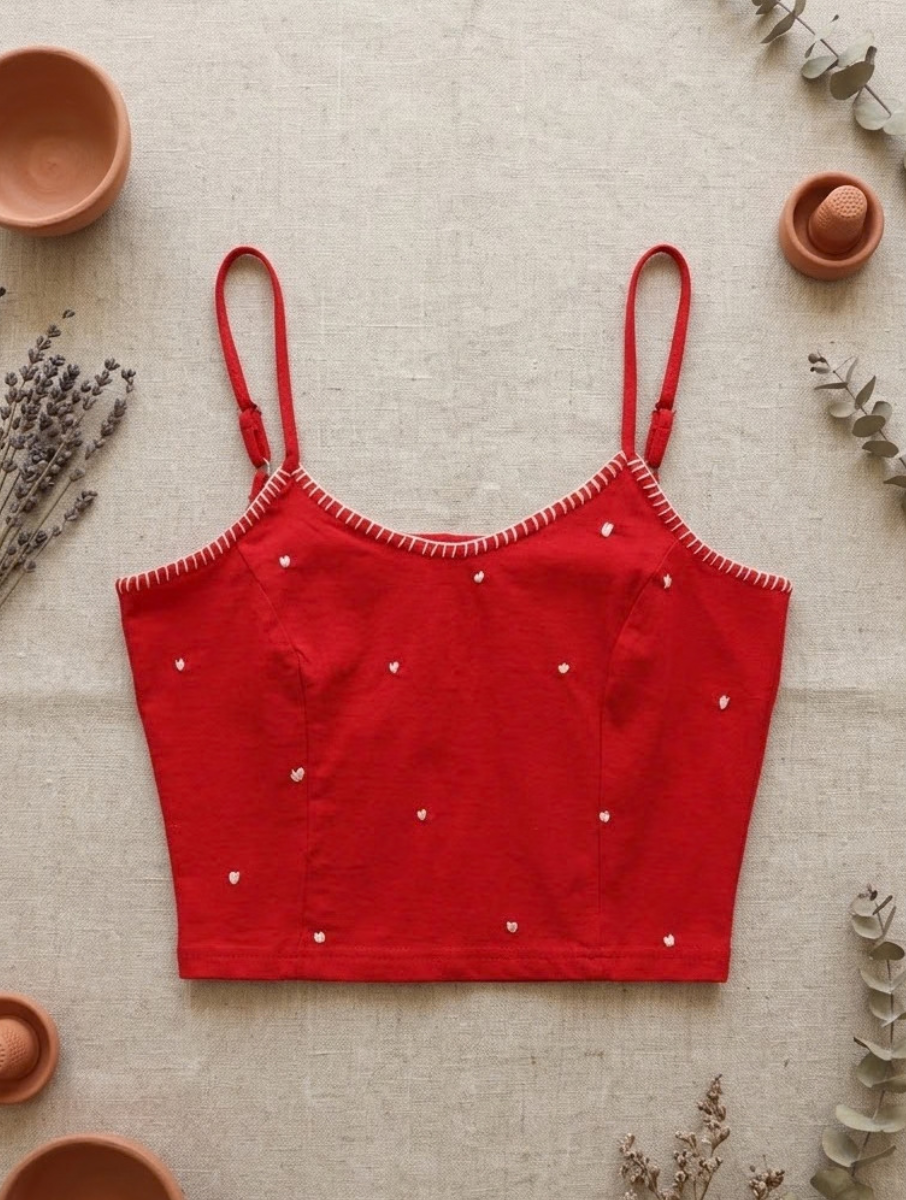 Red Hand Embroidered Stretchable Spaghetti Blouse/Crop Top