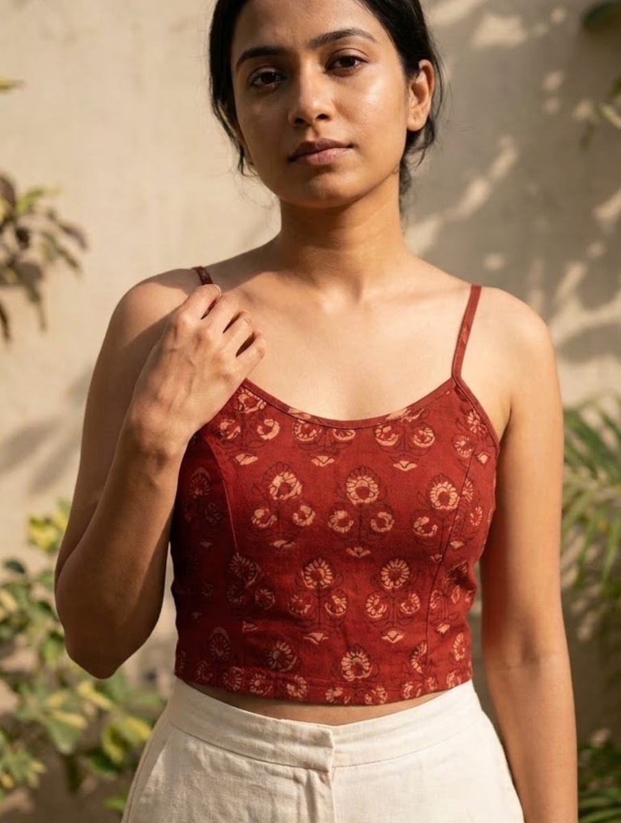 Rust Guldasta Dabu Printed Stretchable Spaghetti Blouse/Crop Top