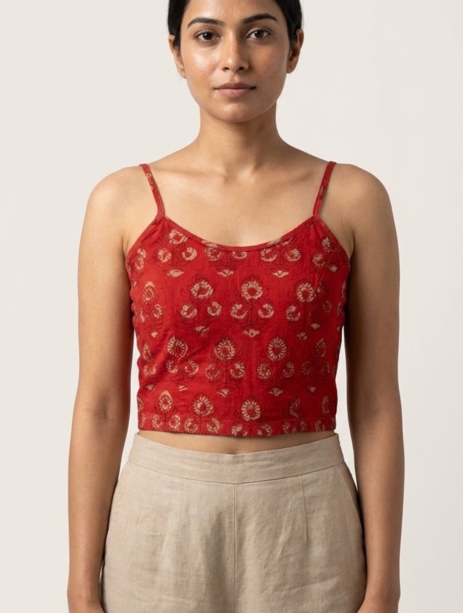 Rust Guldasta Dabu Printed Stretchable Spaghetti Blouse/Crop Top