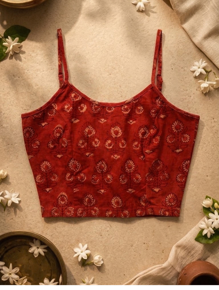 Rust Guldasta Dabu Printed Stretchable Spaghetti Blouse/Crop Top