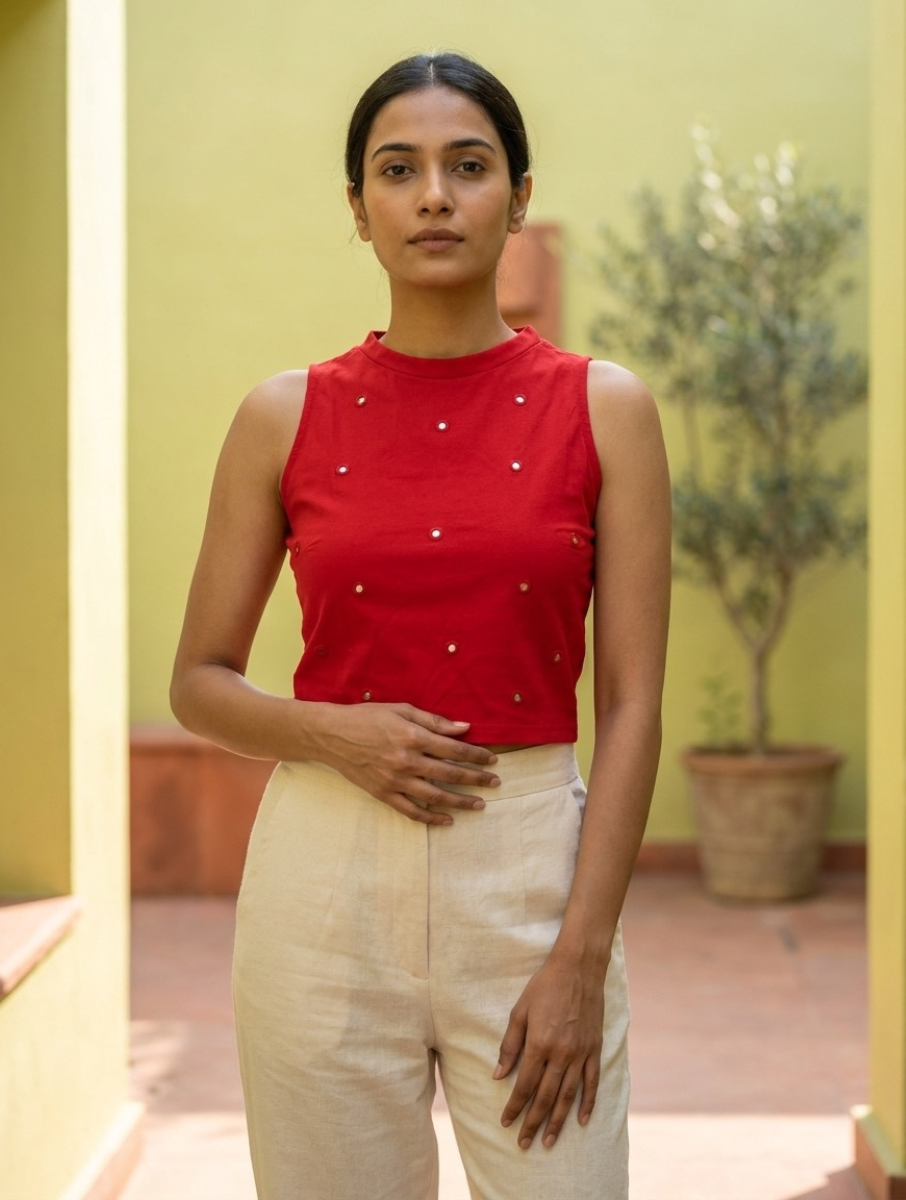 Red Mirror Hand Embroidered Stretchable Highneck Blouse/Crop Top