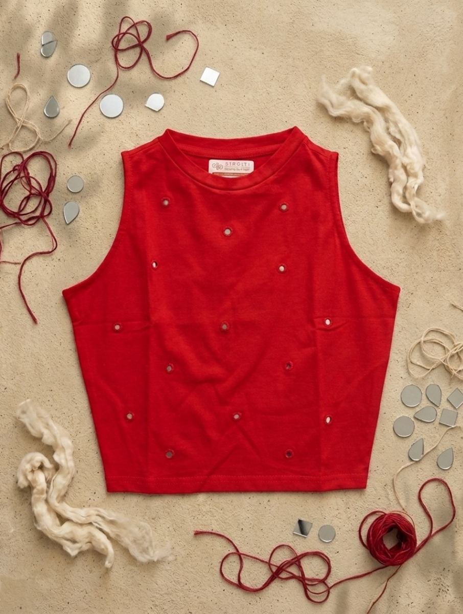 Red Mirror Hand Embroidered Stretchable Highneck Blouse/Crop Top