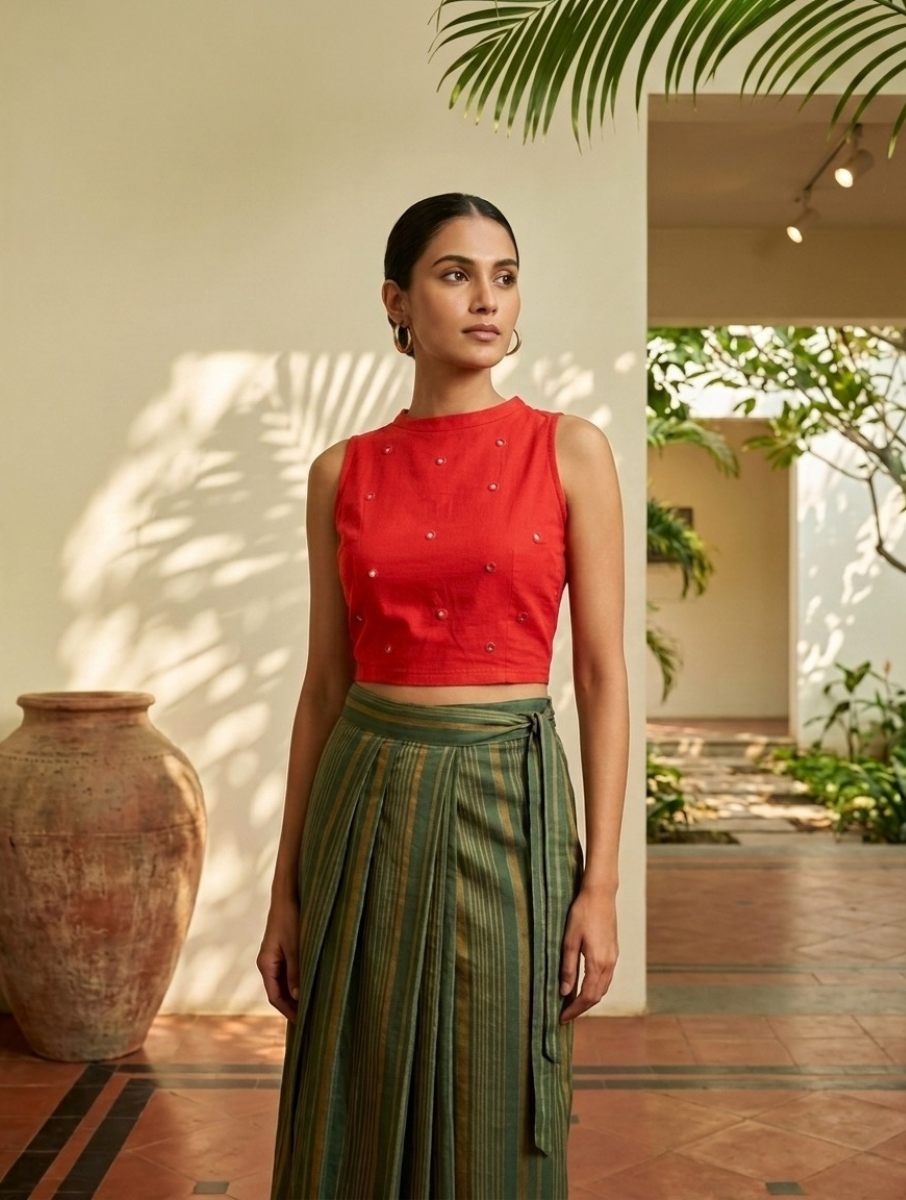 Red Mirror Hand Embroidered Stretchable Highneck Blouse/Crop Top