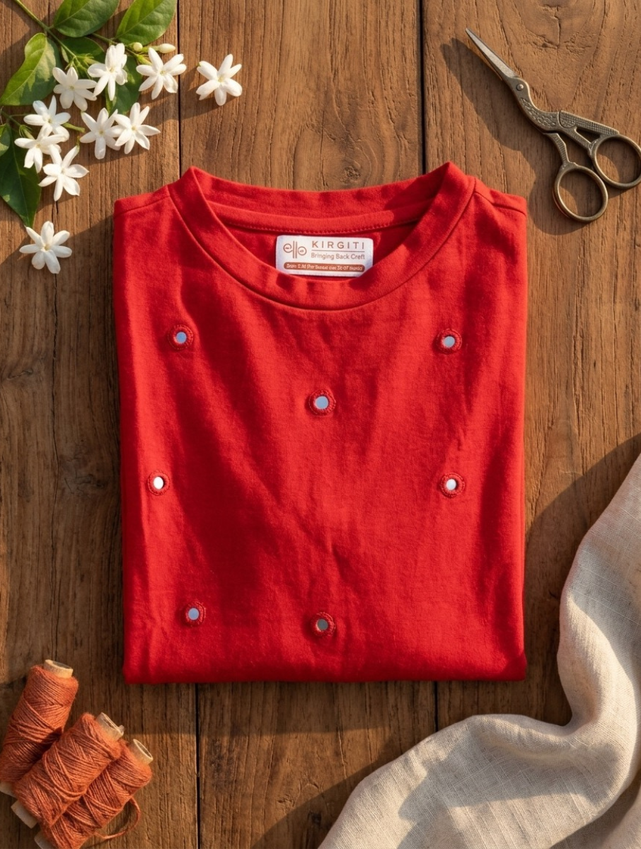 Red Mirror Hand Embroidered Stretchable Highneck Blouse/Crop Top