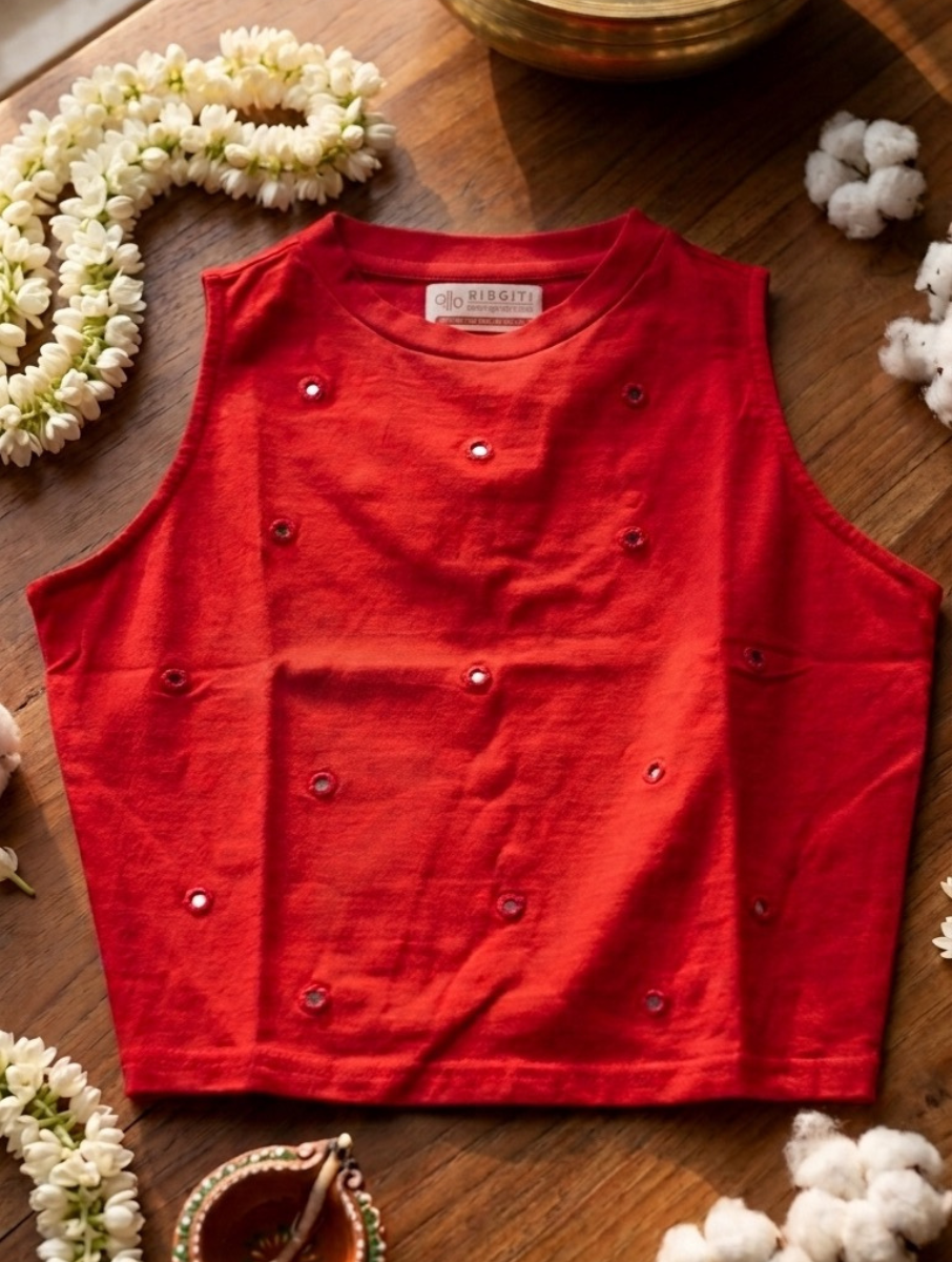 Red Mirror Hand Embroidered Stretchable Highneck Blouse/Crop Top