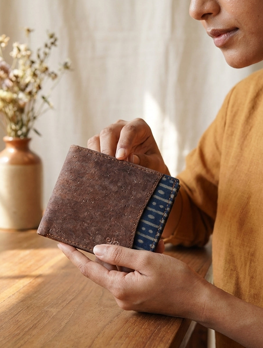 Rust Dabu Printed and Vegan Leather Cork Wallet