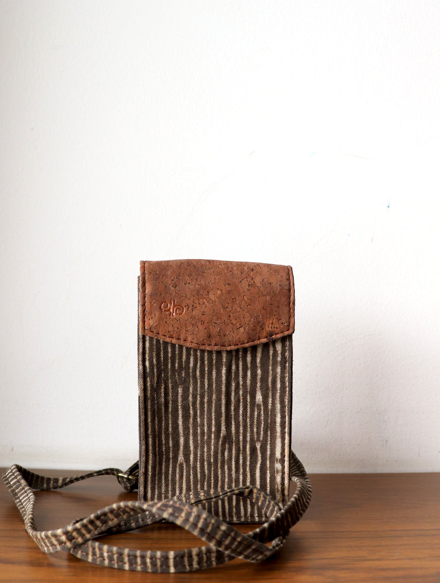 Brown Striped Dabu Printed and Vegan Leather Cork Phone Sling Bag