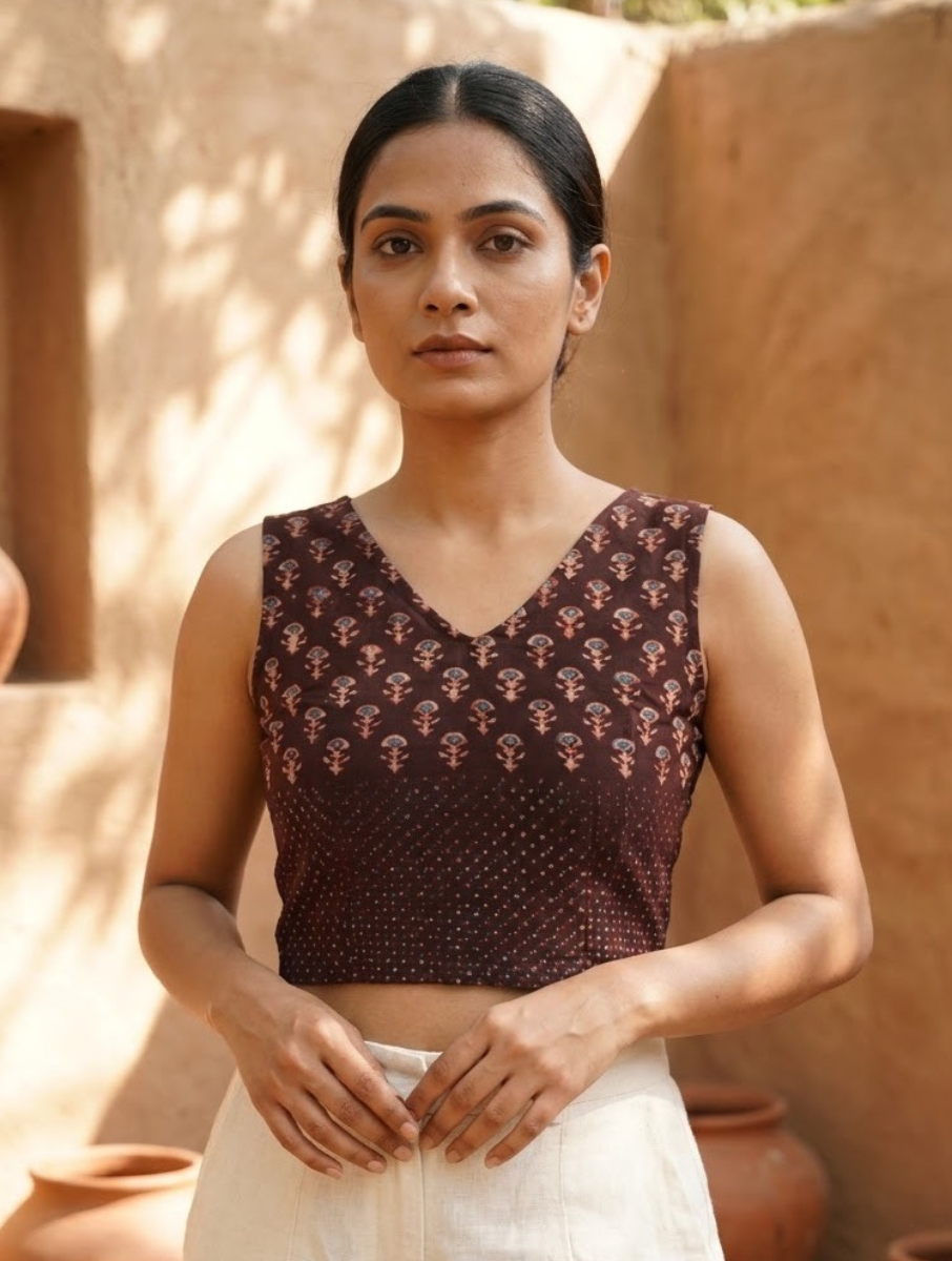 Wine Boota Dabu Printed Sleeveless Stretchable Blouse/Crop Top
