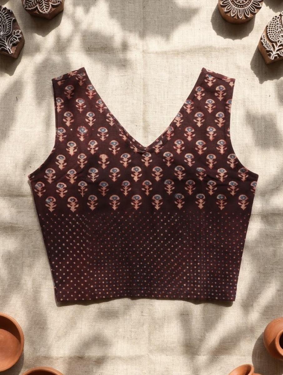 Wine Boota Dabu Printed Sleeveless Stretchable Blouse/Crop Top