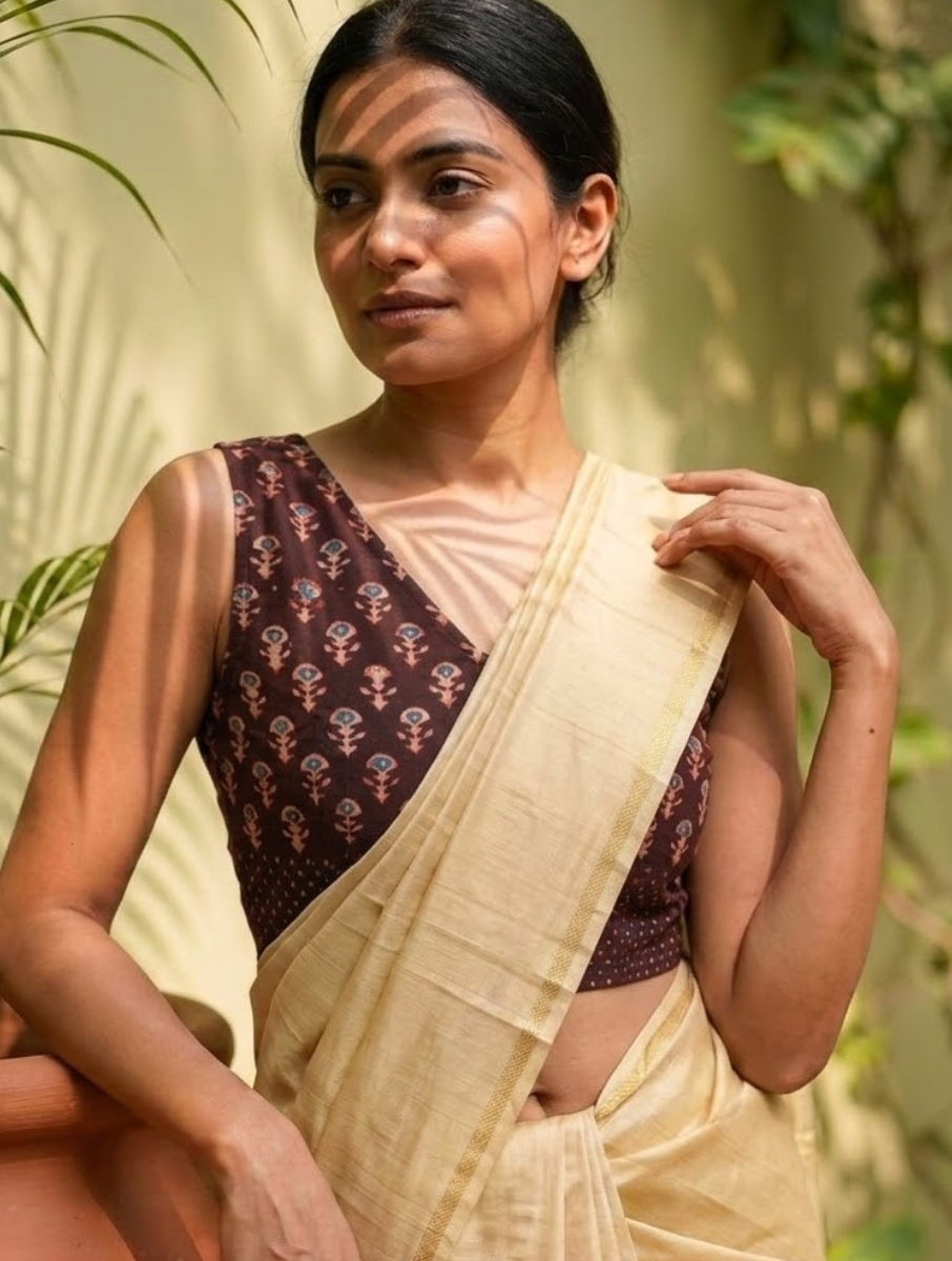 Wine Boota Dabu Printed Sleeveless Stretchable Blouse/Crop Top